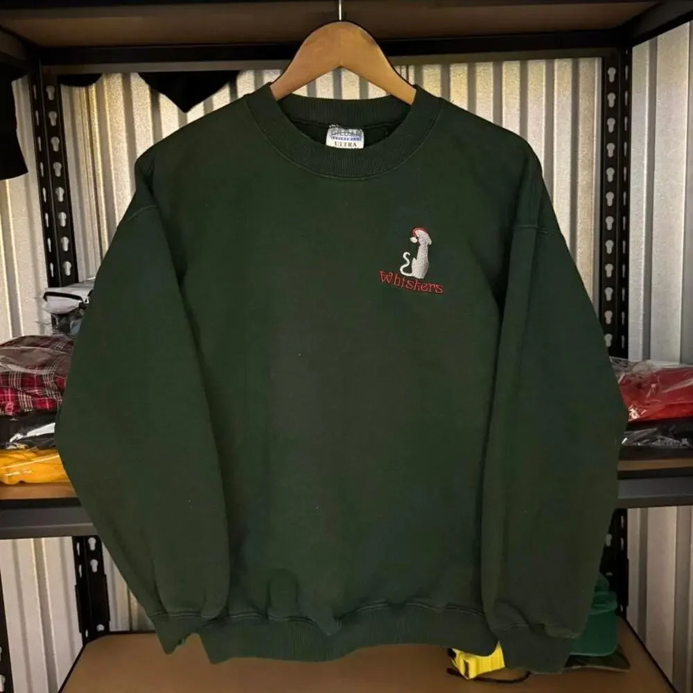 Vintage 90s Whiskers Cat Embroidered Crewneck Sweatshirt Forest Green Gildan